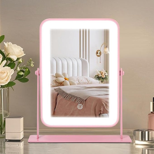 YEKKOPT Portable Desk Vanity Mirror with Lights,11"×9" Small Pink Rechargeable Makeup Mirror with Lights,Smart Touch Screen with 3-Color Lighting,Dimmable,for Dorm Tabletop,Bedroom,Decor