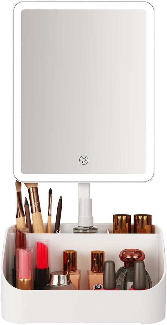 Rechargeable Makeup Mirror Organizer with LED Lights & 20X Magnification, Large Capacity Cosmetic Display Case for Skincare & Makeup Brushes, Countertop Vanity Organizer for Bedroom, Bathroom (Cream)