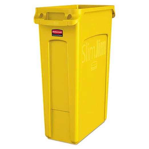 Rubbermaid Commercial Products Slim Jim Plastic Rectangular Trash/Garbage Can/Bin with Venting Channels 23 GAL Yellow for Kitchens/Classrooms/Offices/Back of House