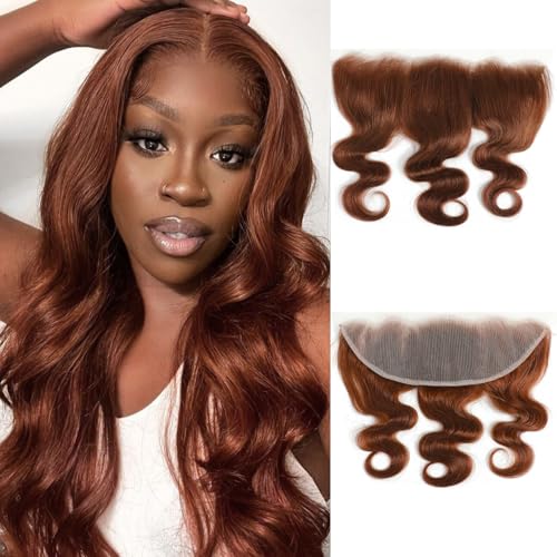 ALHER #33 Reddish Brown Body Wave 13x4 Lace Frontal Human Hair 20 Inch, Copper Brown Auburn Colored HD Transparent Lace Frontal Closure Ear to Ear 100% Virgin Remy Human Hair 150% Density