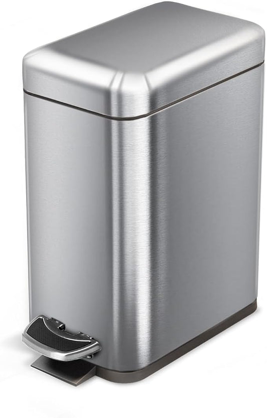 Home Zone Living 1.3 Gallon Stainless Steel Small Trash Can with a Lid | Stainless Steel with Slim Fit Design, Soft-Close Lid for Offices, Bathrooms, Bedrooms and Dorms, Silver