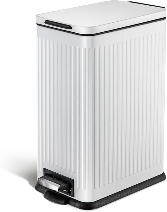 Home Zone Living 4 Gallon Kitchen Trash Can with Slim Fit Design | Stainless Steel with Soft-Close Step Pedal Lid, Bag Tuck Band for Easier Bag Changes, Rectangular Shape, Reeded Style, White