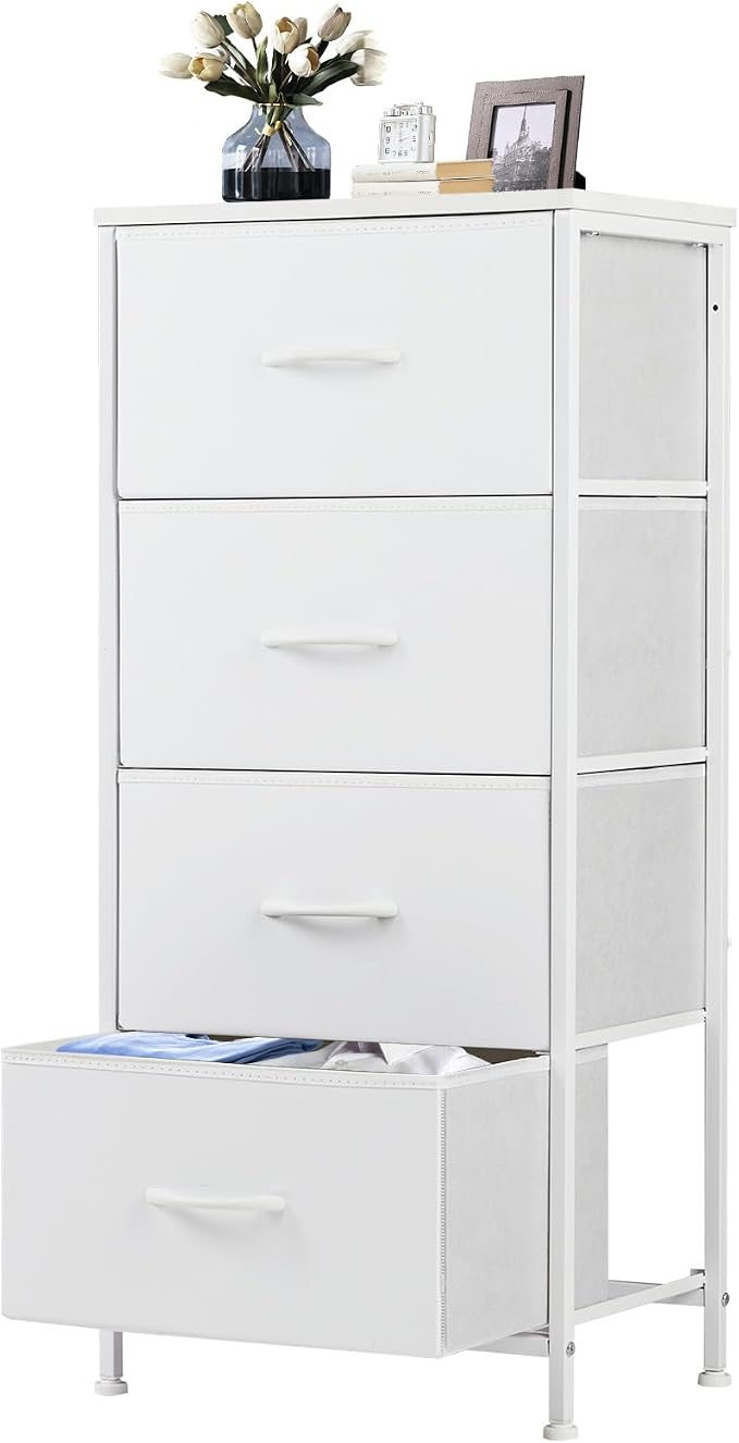 DUMOS Nightstand with 4 Drawers Bedside Table with Removable Fabric Bins Sturdy Steel Frame Wood Top Organizer Furniture for Bedroom Closet Living Room
