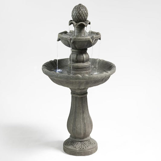 3 Tiered Outdoor Water Fountains –42.2 in. Tall Large Floor-Standing Outside Fountains with Elegant Waterfall Feature for Garden, Yard, Patio, Home Decor (Grey)