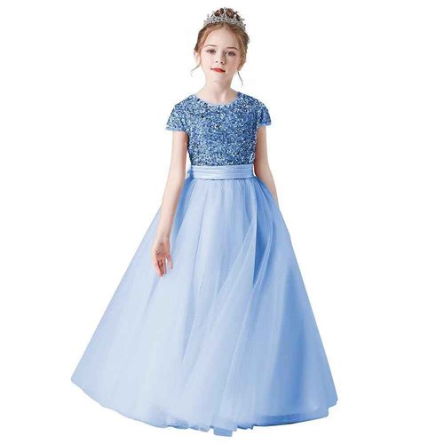 Party Wear Gown for Kids Junior Bridesmaid Dresses Baby Blue Puffy Tulle Sequins Dress Girls Birthday Party Gown Baby Blue 8