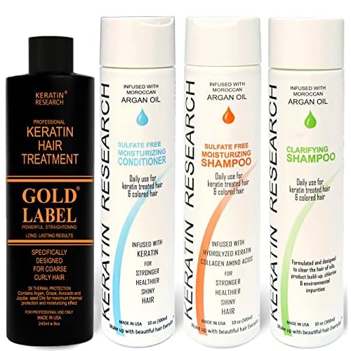 GOLD LABEL Brazilian Keratin Blowout Hair Treatment Super Enhanced Winning Formula for All Hair Types & Colors Incl Blondes, Bleached, Coarse, Curly, Black African, Dominican and Brazilian (LG SET)