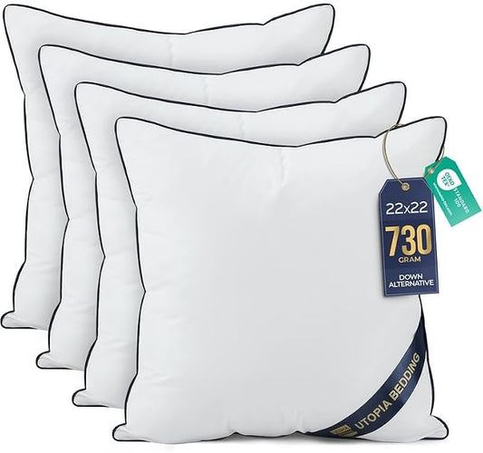 Utopia Bedding Throw Pillow Inserts (Pack of 4, White), 22 x 22 Inches Decorative Indoor Pillows for Sofa, Bed, Couch, Cushion Sham Stuffer