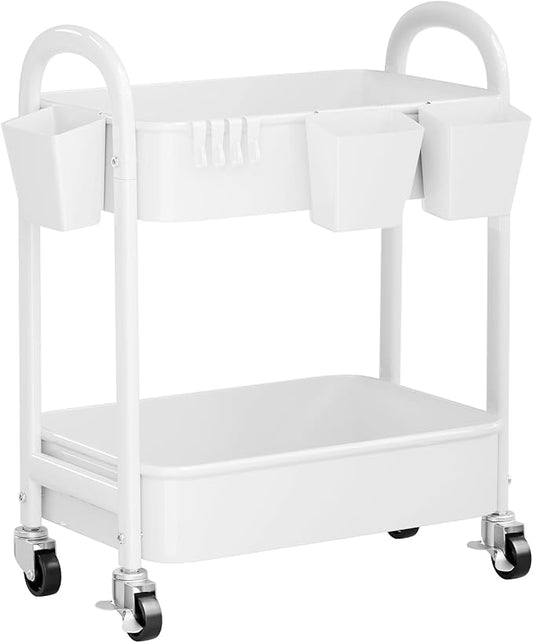 2 Tier Rolling Cart Metal with Wheels, White Under Desk Storage Roller Caddy on Wheels, Two Tiered Short Shelf Trolley, Small Utility Organizer Carts for Dorm, Bathroom, Craft, Art, Baby, Pantry,Snack