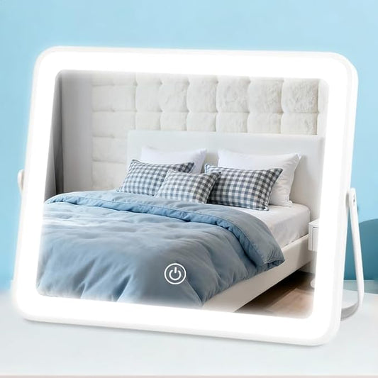 YEKKOPT Portable Desk Vanity Mirror with Lights,10"×12" Small Rechargeable Makeup Mirror with Lights,Smart Touch Screen with 3-Color Lighting,Dimmable,for Dorm Tabletop,Bedroom,Decor