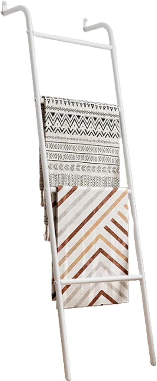 Blanket Ladder, 4 Tier Ladder Shelf 5 FT Decorative Ladder Shelf Stand, Decorative Wall Leaning Farmhouse Quilt Display Holder Dust-proof Metal Towel Rack Holder for Living Room & Bedroom (White)
