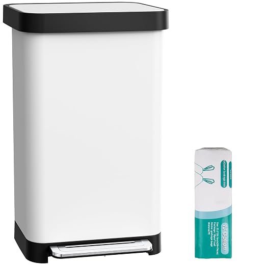 Arlopu 50L/13.2Gal Stainless Steel Trash Can W/15 Inner Bags & Rear Trash Bag Storage Compartment, Kitchen Step Trash Can with Lid & Built-in Deodorizer Box, Garbage Bin W/Foot Pedal (White)