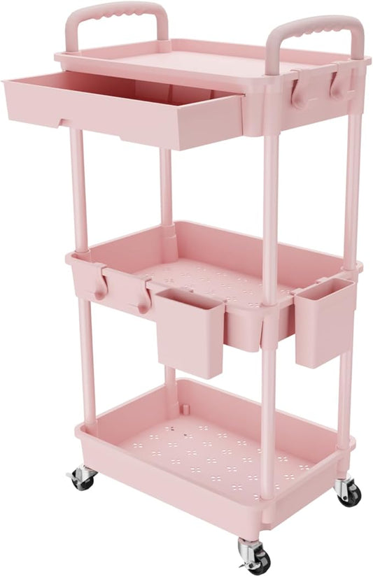 REBECAT 3 Tier Rolling Utility Cart with Drawer,Storage Cart,Rolling Cart for Kitchen,Bathroom,Living Room,Storage Organizer with Iron Wheels（Pink
