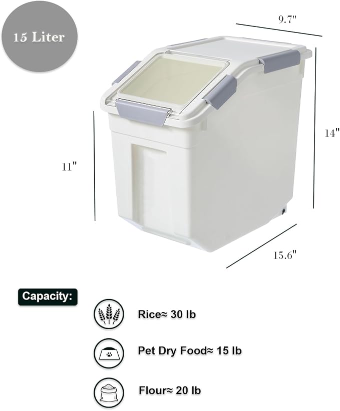 HANAMYA 15 Liter / 30 lbs Rice Storage Container with Measuring Cup, BPA free, For Rice | Grain | Pet Food | Flour, 1 count, White