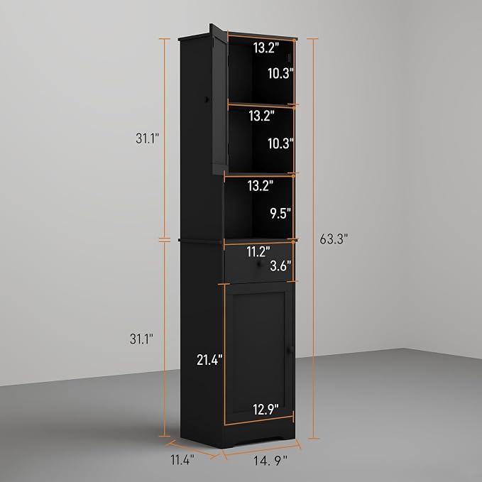 Viaozutis Tall Bathroom Cabinet, Storage Cabinet with 2 Doors & 2Drawer, with Ajustable Shelve, for Bathrooms, Kitchens,Entrances（Black）
