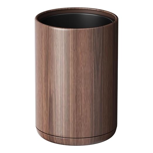 8L/2.1GAL Dark Brown Modern Metal Waste Bin with Realistic Wood Texture,Built-in Bag Holder,Office Trash Can,Open-Top Trash Bin,for Bathroom,Home,Office,Living Room (2.1gal Round)