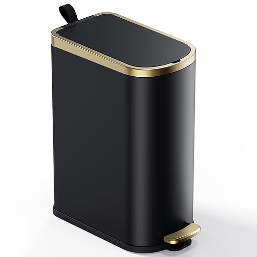 CEROELDA Small Bathroom Trash Can with Lid Soft Close-10L/2.6 Gal Slim Garbage Can-Metal Step Wastebasket-Rectangle Narrow Waste Bin for Office, Bedroom, Toilet, Live Room (Black)
