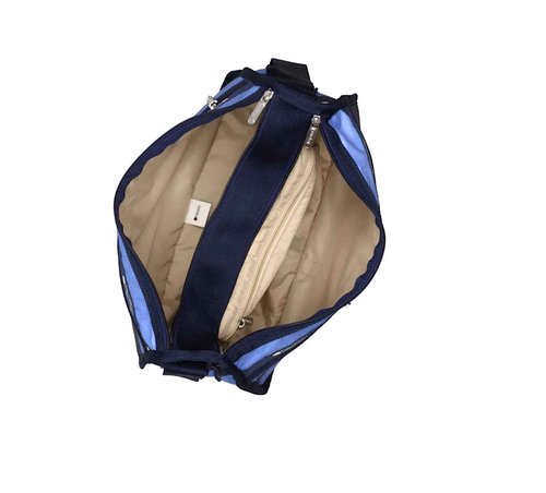 LeSportsac Classic Rugby Periwinkle Deluxe Everyday Crossbody Bag + Cosmetic Bag, Style 7507/Color E758, Timeless Navy Blue & Modern Periwinkle Stripes Unite, Bold Modern Nautical Inspired Theme