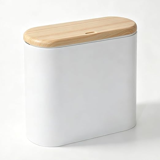 Small Bathroom Trash Can with Lid, 10L/2.6 Gal Slim Wastebasket - Odor & Pet Proof, Inner Bucket & Wood Grain Top, Plastic White Garbage Can for Kitchen, Bedroom, Living Room, Office, RV