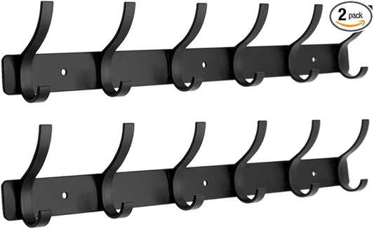 Coat Rack Wall Mounted,6 Coat Hooks for Hanging Coats,Metal Double Hook Rack Hook Rail,Coat Rack with Hooks,Wall Mount Coat Hanger for Hat Towel Purse Robes (2 Pack Black, 6 Hooks)