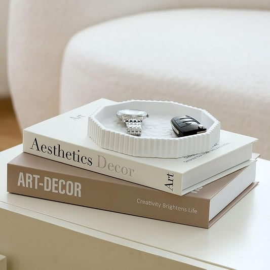 Decorative Plaster Tray & Book Decor Set - Scalloped Tray & Decorative Books Box Enhance Coffee Table or Bookshelf Decor - Modern Home Decoration for Living or Dining Room & as Housewarming Gift