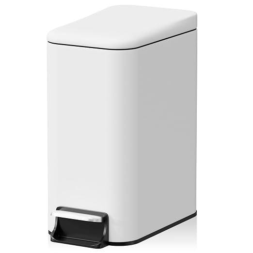 Small Bathroom Trash Can w/Lid Soft Close, 6 Liter/1.6 Gallon Stainless Steel Garbage Can w/Inner Bucket, Trash Bin Waste Basket for Kitchen, Bedroom, Living Room, Office, Toilet, White