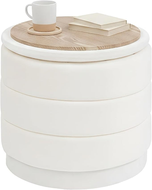 B FSOBEIIALEO Round Velvet Storage Ottoman with Tray, Folding Ottoman with Storage Coffee Table Foot Rest for Dorm Room, Living Room White, 15.35"x15.35"x14.57"