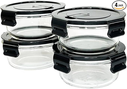 12Oz Round Glass Food Containers With Lids, Small Round Glass Meal Prep Containers,1.5 Cup Clear Food Storage Containers With Lids BPA-Free, Microwave, Dishwasher, Freezer Safe（Black