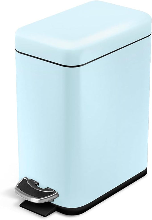 Home Zone Living 1.3 Gallon Small Bathroom Trash Can with Lid and Step Pedal, Stainless Steel Wastebasket with Slim Design for Home and Office, Matte Powder Blue, 5 Liters