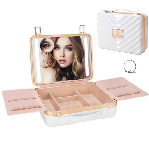 ZhenGuiRu Makeup Case with LED Lighted Mirror, 11.5''x 8.7'' Portable Travel Makeup Organizer, Toiletry Storage Makeup Bag Gift for Lady, DIY Dividers Makeup Box with 5X Magnifying Mirror (White)