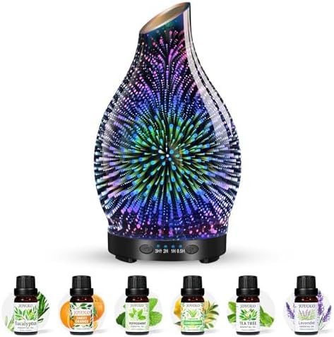 Essential Oil Diffuser & Essential Oils Set, Glass Aromatherapy Diffuser, 6 Oils Gift Pack (Lavender Tea Tree Lemongrass Sweet Orange Eucalyptus Peppermint)