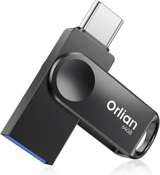 64GB USB C Flash Drive, Dual Drive USB 3.0 and Type C Thumb Drive Up to 110MB/s Read Metal Waterproof Swivel Design Portable for PC Laptop Tablet Android Smartphone iPhone 15 and More, Black