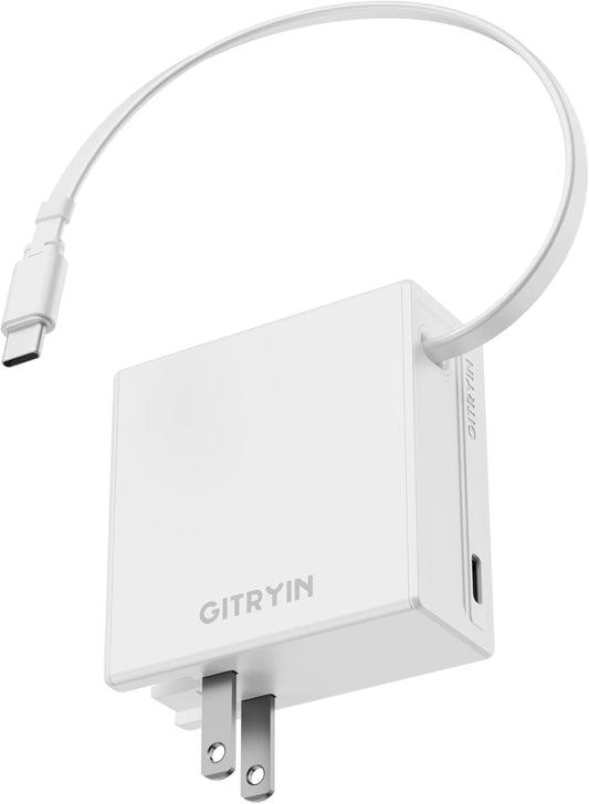 65W USB C Retractable Wall Charger with Built-in Type-C Cable, Portable Fast Charger Block with Foldable Plug, Compatible for Laptop, MacBook Pro/Air, iPhone 16/15, Galaxy S25, Pixel, iPad