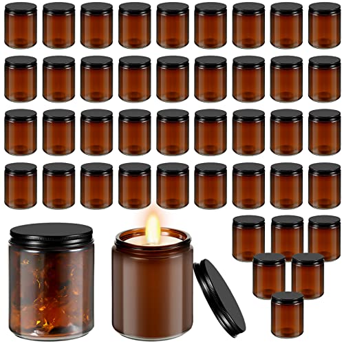Lallisa 48 Pcs 8 oz Amber Glass Jars with Black Lids Round Glass Cosmetic Jars with Lids Empty Amber Containers Refillable Food Storage Containers for Spice Powder Liquid Sample Makeup