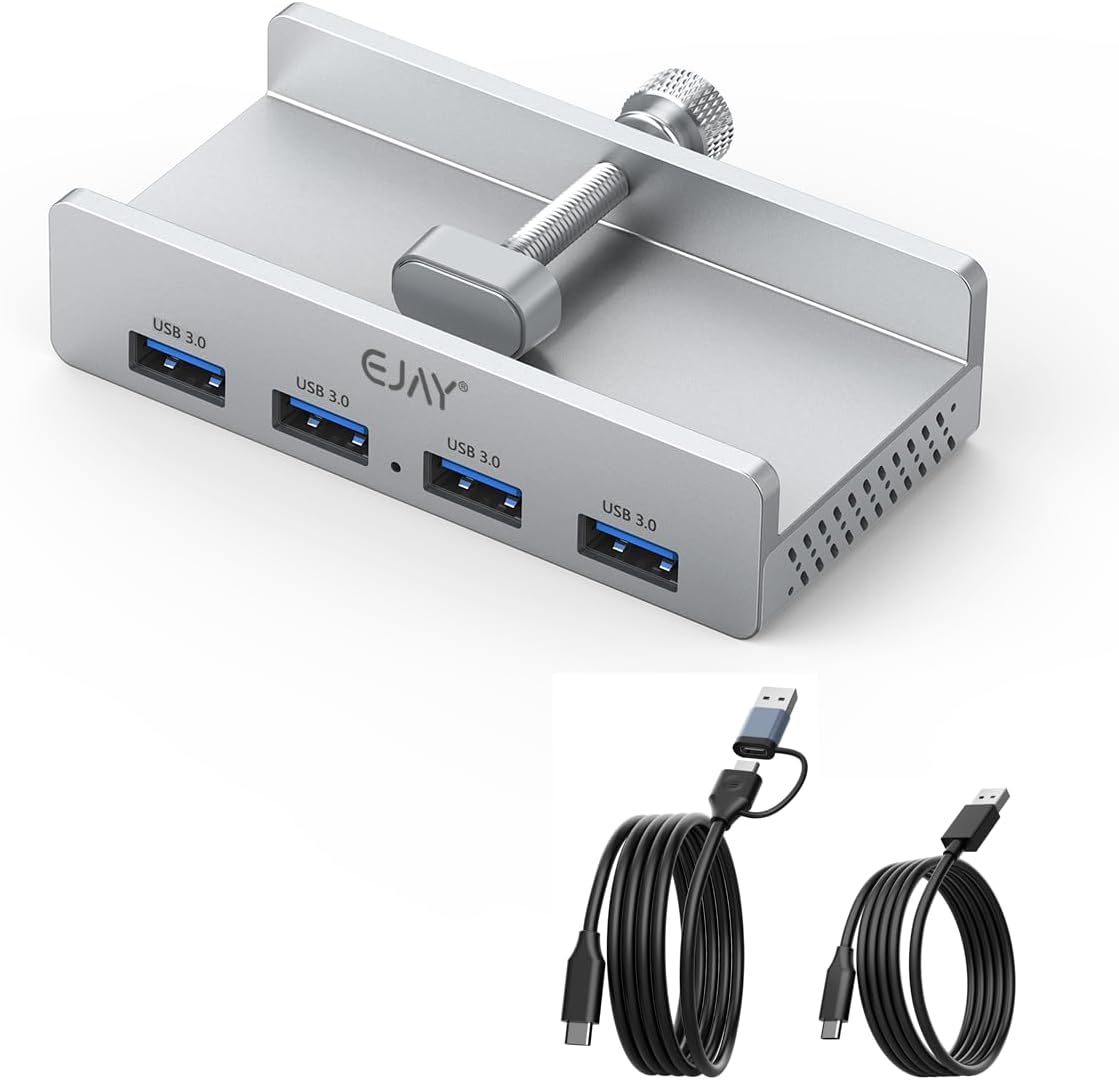 USB HUB3.0,Clamp USB HUB,Aluminum 4-Port USB Adapter with Extra Power Supply Port and 2pcs Long Cable(59inches Data & 39inches Power Cables) for iMac,Laptop,MacBook Pro,Dell,Xbox,HDD/U Disk etc