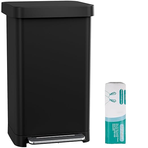 Arlopu 50L/13.2Gal Stainless Steel Trash Can W/15 Inner Bags & Rear Trash Bag Storage Compartment, Kitchen Step Trash Can with Lid & Built-in Deodorizer Box, Garbage Bin W/Foot Pedal (Black)