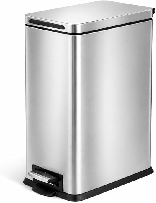 Home Zone Living 4 Gallon Stainless Steel Slim Kitchen Trash Can | Stainless Steel with Soft-Close Step Pedal Lid, Bag Tuck Band for Easier Bag Changes, Rectangular Shape, Silver