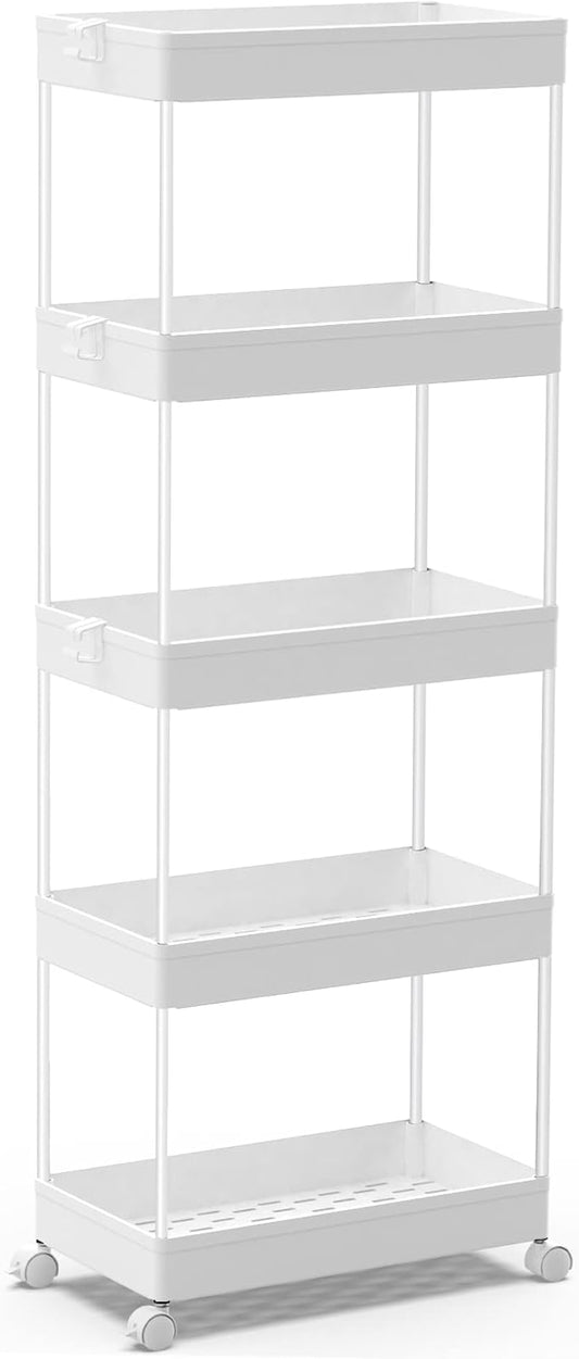 SPACEKEEPER 5-Tier Storage Cart Organizer Rolling Utility Cart, Mobile Shelving Unit Slide Out Storage Shelves for Kitchen Living Room Bathroom Laundry Room & Dressers, White