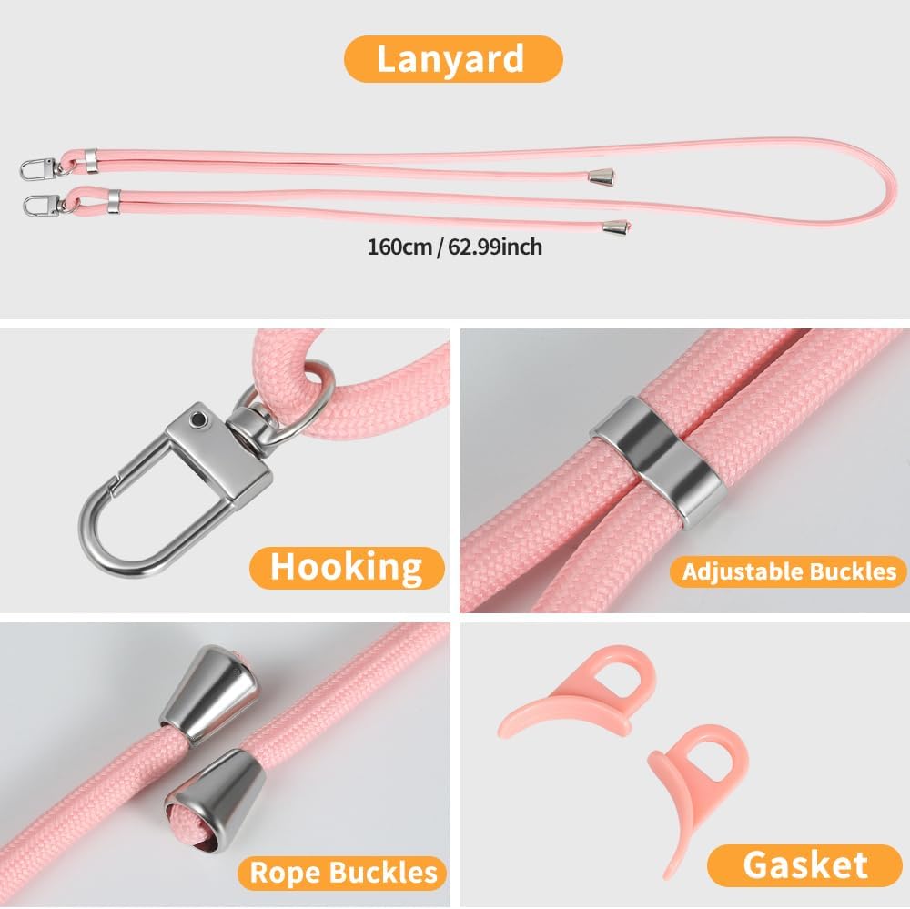 for iPhone 16 Pro Max Case with 62.99 inch Lanyard, Classic Clear&Pink Magnetic Phone Case, Drop&Shockproof Protection Cases, Phone Holder Lanyard, Compatible with Magnet Accessory
