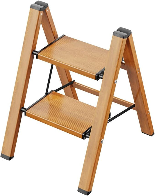 2 Step Ladder, Aluminum Folding Step Stool with Anti-Slip Sturdy and Wide Pedal, Lightweight Portable Multi-Use Stepladder for Home and Kitchen Use Space Saving, Woodgrain, 330 lbs