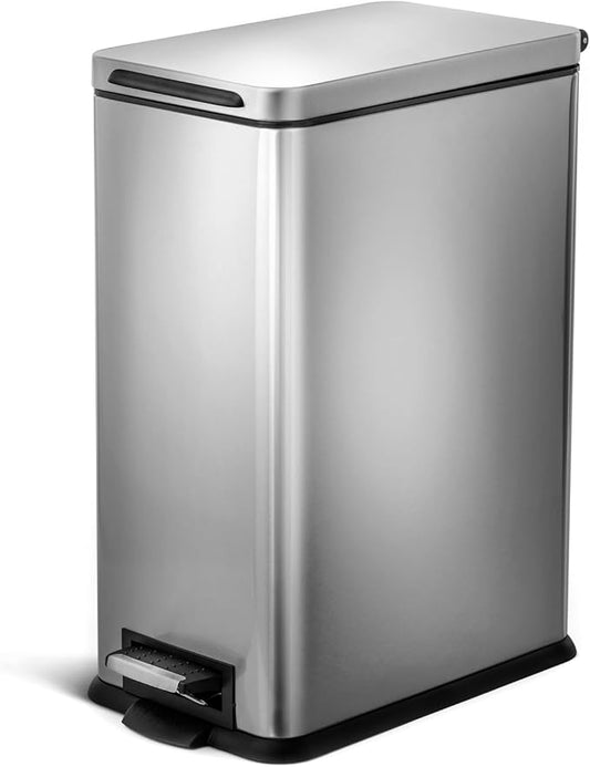 Home Zone Living 8 Gallon Kitchen Trash Can with Slim Fit Design | Stainless Steel with Soft-Close Step Pedal Lid, Bag Tuck Band for Easier Bag Changes, Rectangular Shape, Silver