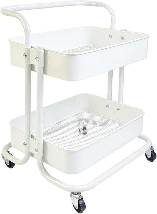 2 Tier Cart with Wheels Under Desk Storage with Handle, Metal Rolling Pantry Cart for Kitchen White Small Rolling Basket for Laundry Room Bathroom, Utility Shelf Organizer for Small Space