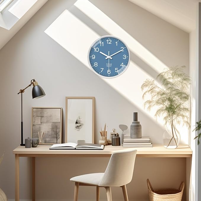XNM Modern Wall Clocks Battery Operated Classic Analog Clock for Living Room Kitchen Bedroom Decor 12 Inch Simple Blue Wall Clock Silent Non Ticking
