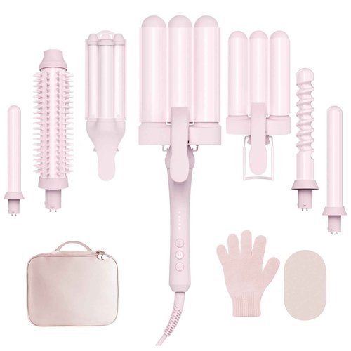 Curling Iron Set 7-in-1, Curling Wand Set with 7 Interchangeable Barrels Included A Heated Round Brush, 3 Hair Crimper, Ceramic Coating Protect Hair, with Gift Package (0.6"-1.25") Pink