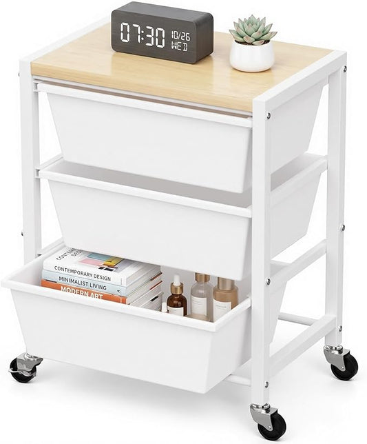 Rolling Cart with 3 Drawers, Plastic Drawer Storage Carts with Lockable Wheels & Wooden Tabletop, Metal Art Craft Utility Cart Organizer for Home Office Bedroom Dorm Bedside Classroom, Bright White