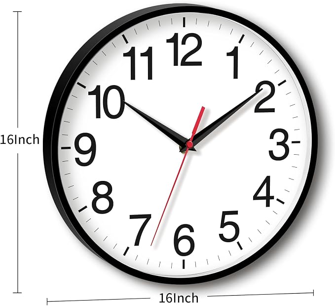 Rohioue 16 Inch Wall Clock Modern Battery Operated Silent Non Ticking Large Analog Clock for Living Room Office Home Bedroom Kitchen Bathroom(Black)