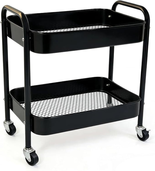 2 Tier Metal Rolling Utility Cart with Wheels Under Desk Storage Cart with Handle, Roll Around Organizer Trolley for Small Space Pantry Bathroom Home Kitchen Office Snack Baby Supplies, Black