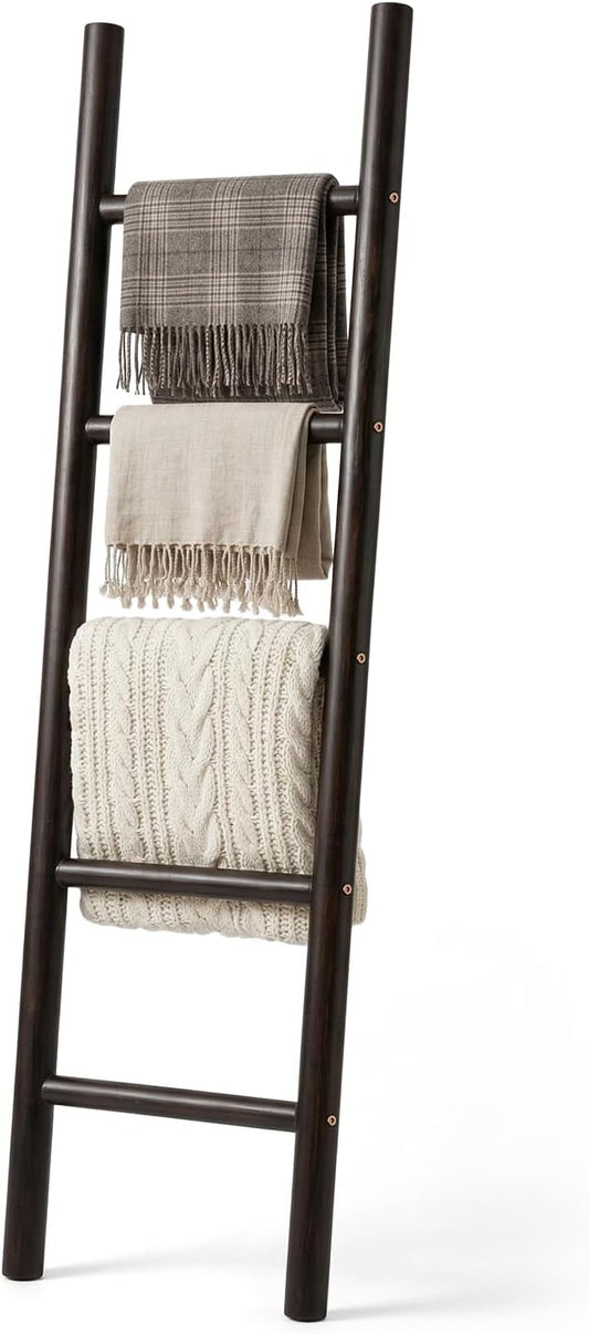 Wooden Blanket Ladder - 57in Natural Wood Color- Leaning Wall Decor for Bedroom, Bathroom, Living Room - Rustic Quilt Holder & Towel Rack (Dark Walnut 57in | Knock Down)