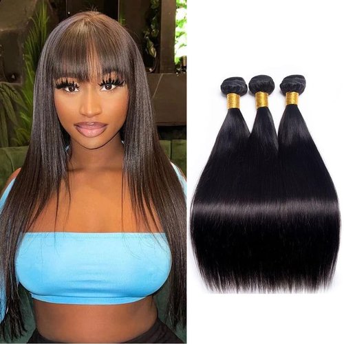 Rebasar Brazilian Straight Human Hair 3 Bundles (22 22 22 Inch) Weave 100% Unprocessed Virgin Weave Hair Human Bundles for American Black Women Remy Straight Hair Extensions Natural Black Color Weft