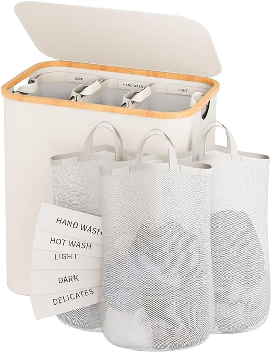 Laundry Hamper 3 Section, 145L Dirty Clothes Hamper with Lid, Extra Large Laundry Basket Organizer with Removable Inner Bags & Labels for Laundry Room, Bedroom, Beige