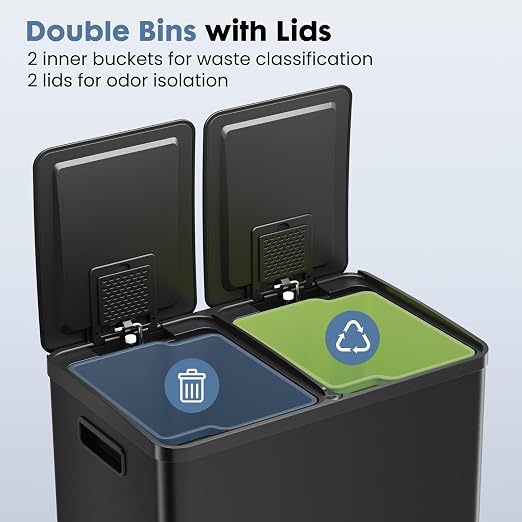 DUMOS Kitchen Double Trash Can, 2x8-Gallon Dual Trash Can with Lid, Stainless Steel Garbage Bin with 2 Removable Inner Buckets, Soft-Close Foot Pedal for Kitchen, Home, Office, Matte Black
